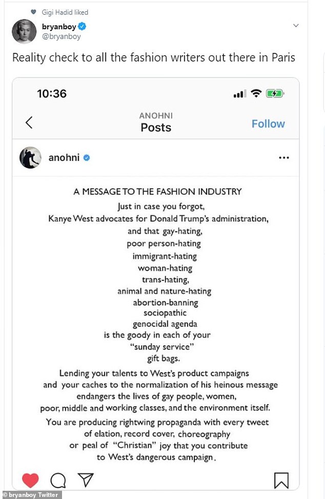 Gigi Hadid likes tweet SLAMMING fashion industry for fawning over Trump  supporter Kanye West
